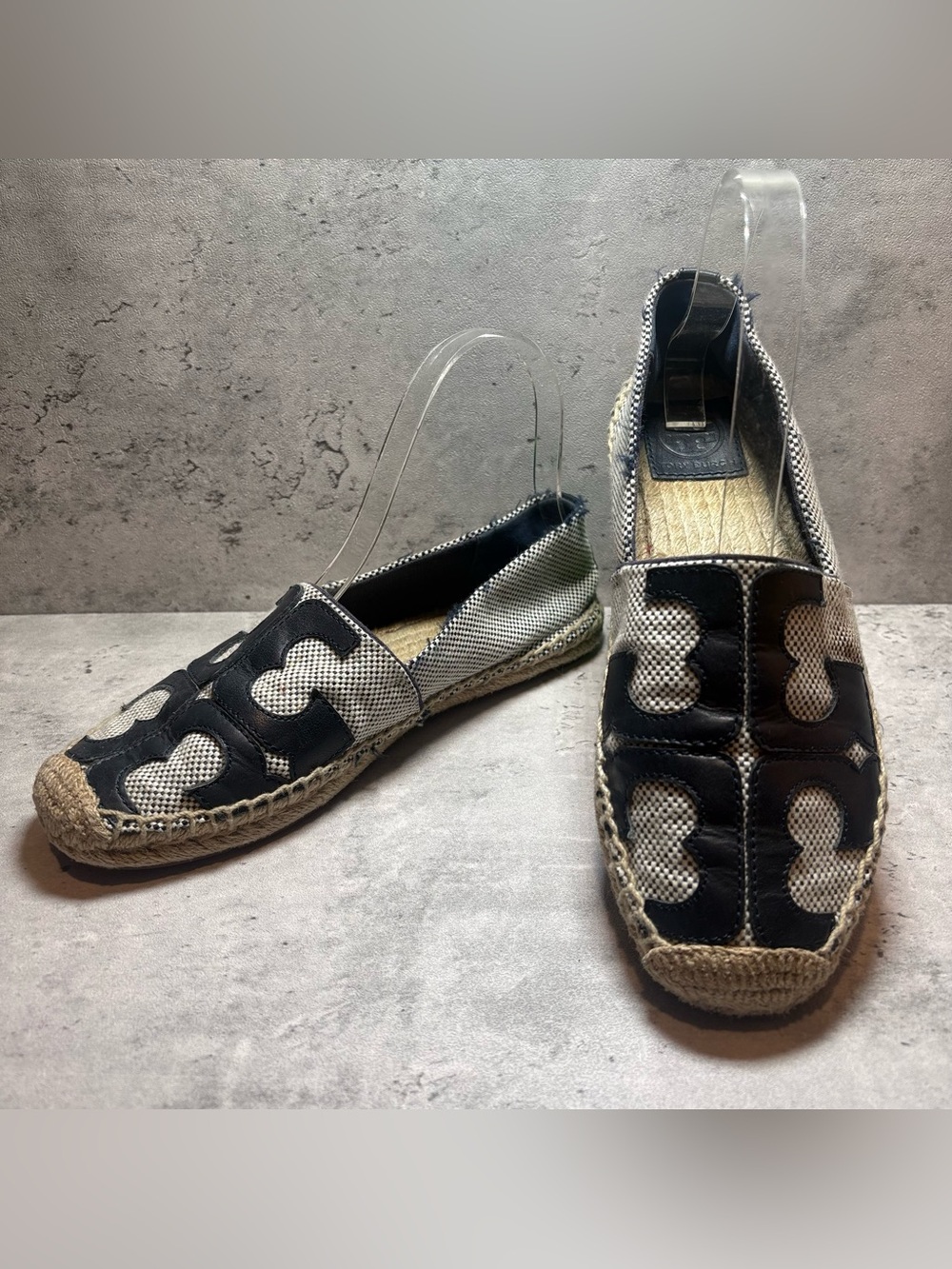 Tory Burch Espadrille Dark Blue Leather Canvas Flat Slip On Womens 6.5 Shoes